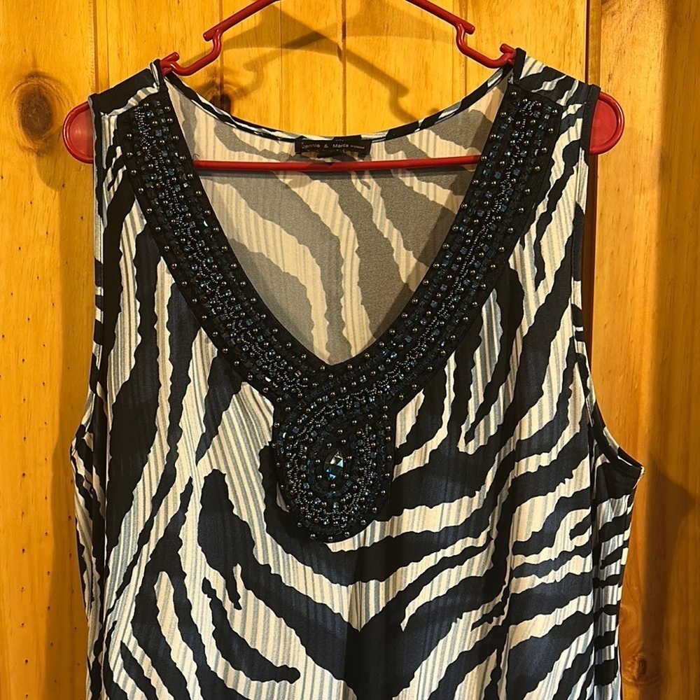Jennie & Marlis Blue and White Zebra Print Beaded Women's Top
